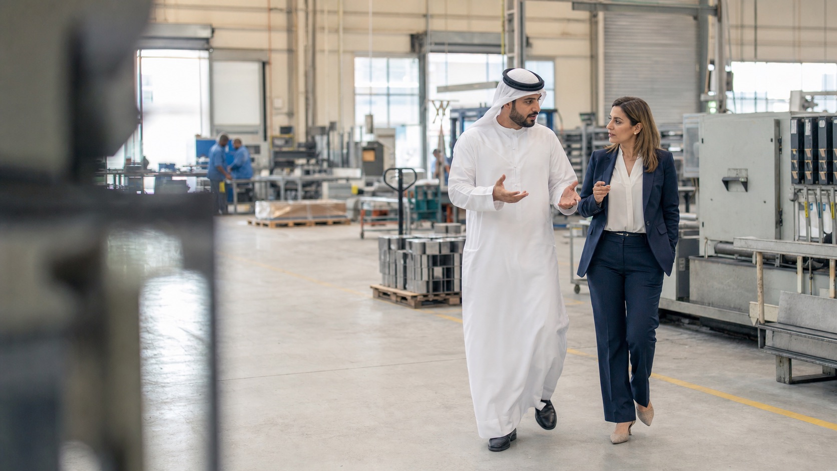 Business leaders walking through a manufacturing facility