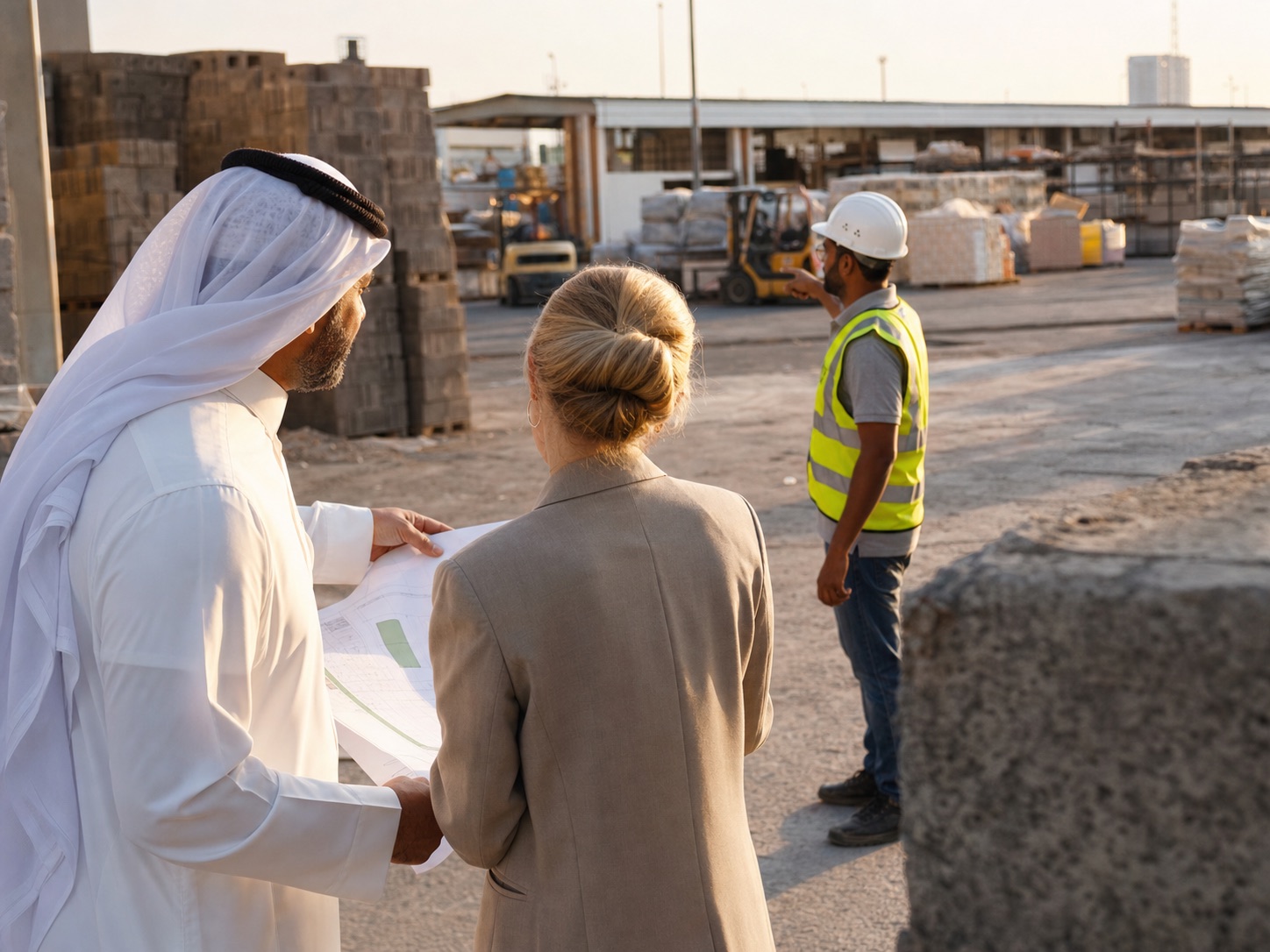 Business partners reviewing plans at an industrial site